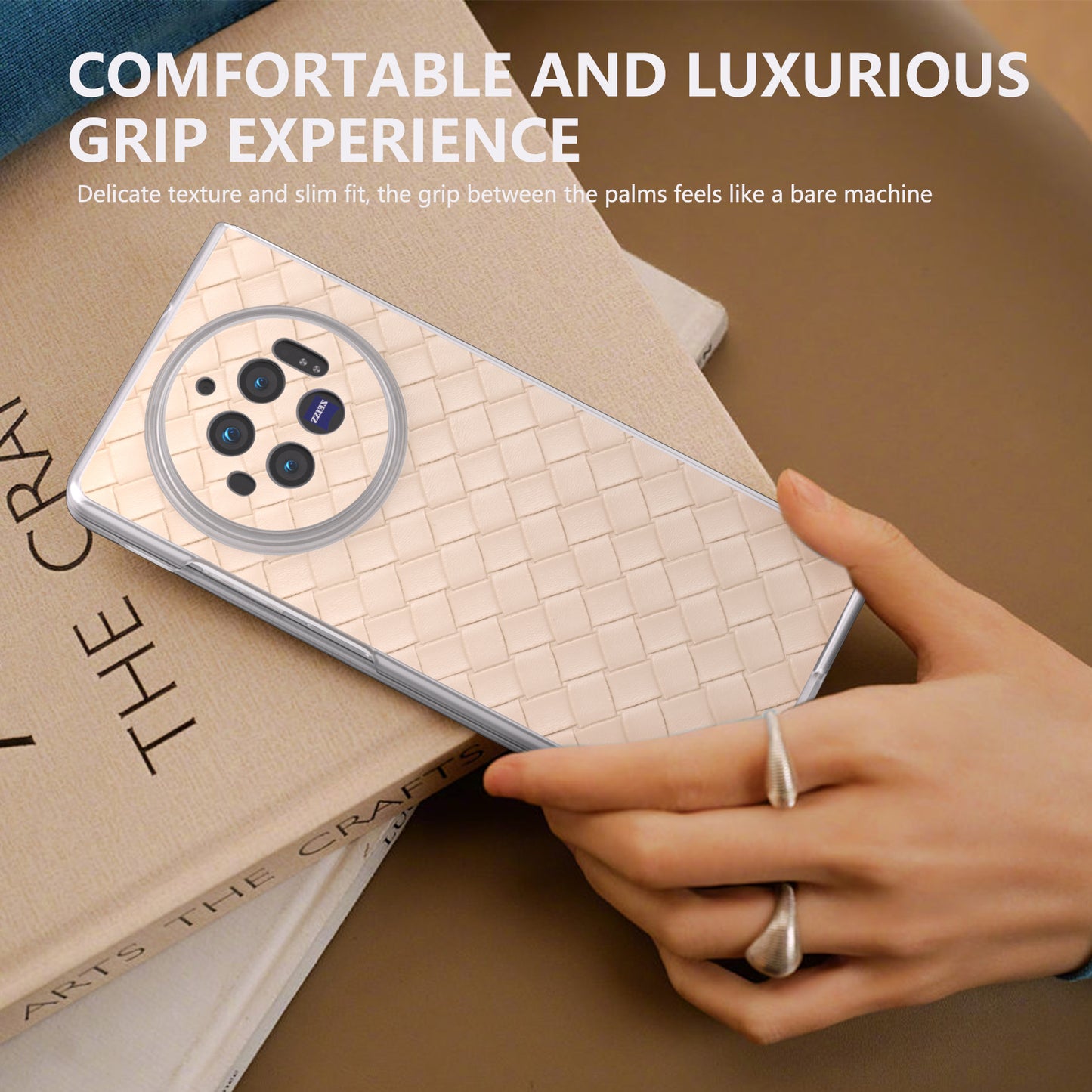 For vivo X Fold3 Case Woven Texture PU Leather Phone Cover with Transparent Matte Frame - Beige