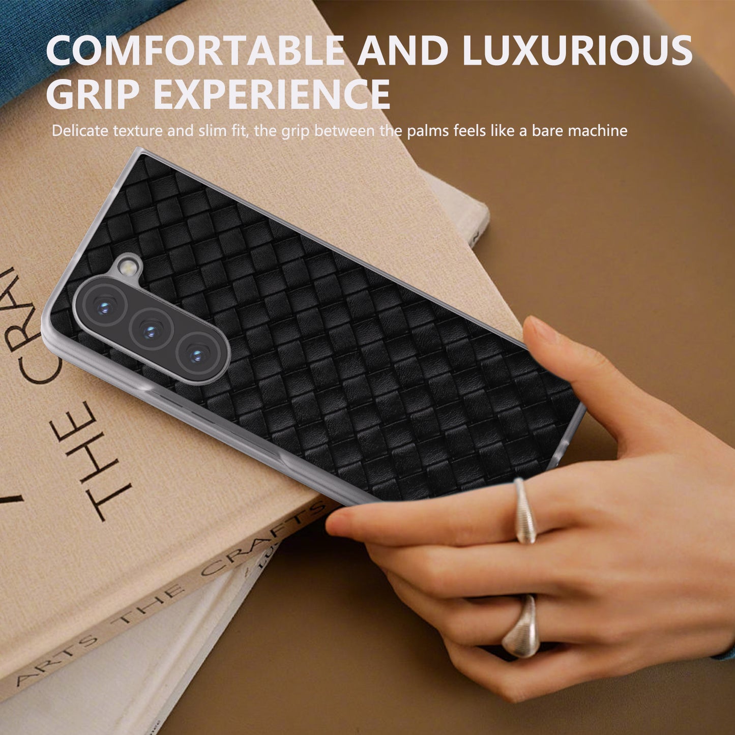 For Samsung Galaxy Z Fold6 5G Case Woven Texture Frosted Frame PU Leather Phone Cover - Black