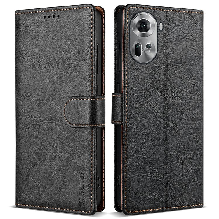N.BEKUS CSJ-001 For Oppo Reno11 5G (Global) Leather Case Solid Color Shockproof Wallet Phone Cover - Black