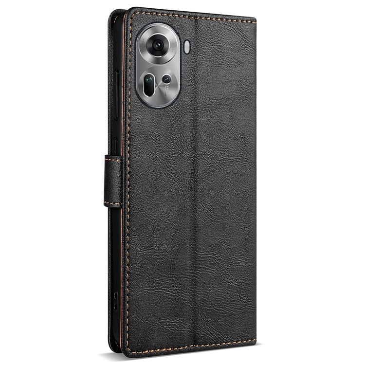 N.BEKUS CSJ-001 For Oppo Reno11 5G (Global) Leather Case Solid Color Shockproof Wallet Phone Cover - Black