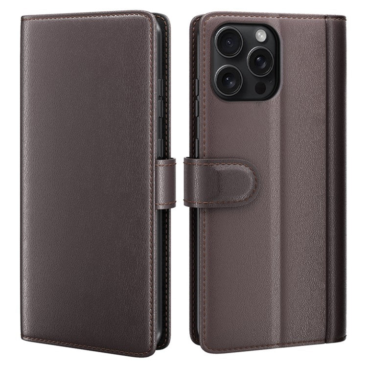 For iPhone 16 Pro Case Wallet Folding Stand Genuine Split Leather Phone Cover - Brown