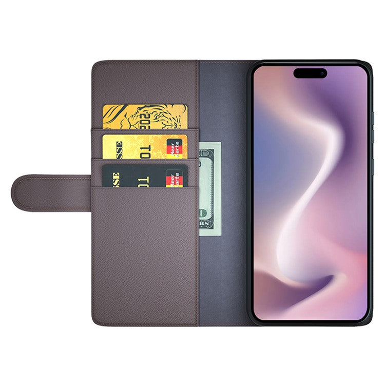 For iPhone 16 Pro Case Wallet Folding Stand Genuine Split Leather Phone Cover - Brown