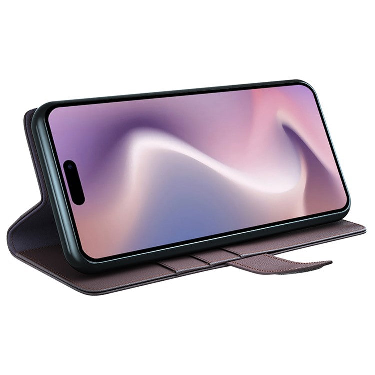 For iPhone 16 Pro Case Wallet Folding Stand Genuine Split Leather Phone Cover - Brown