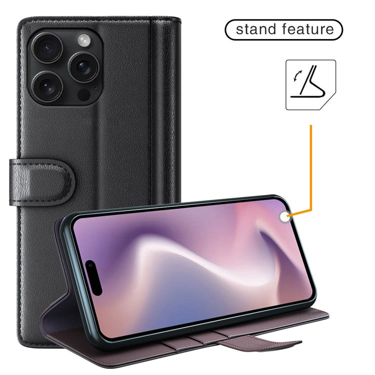 For iPhone 16 Pro Case Wallet Folding Stand Genuine Split Leather Phone Cover - Brown