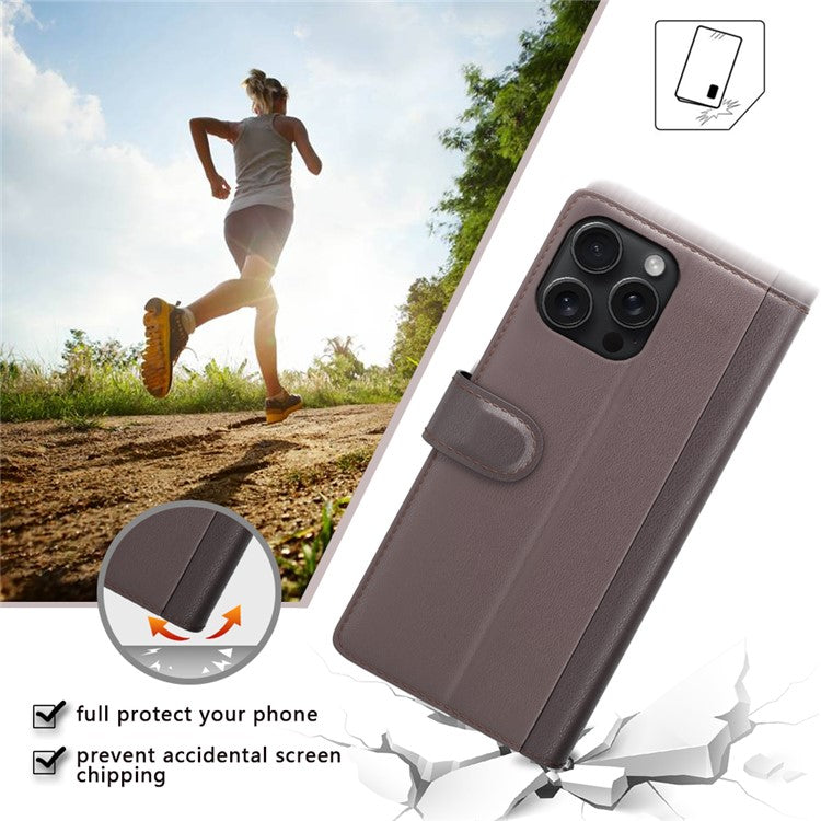 For iPhone 16 Pro Case Wallet Folding Stand Genuine Split Leather Phone Cover - Brown