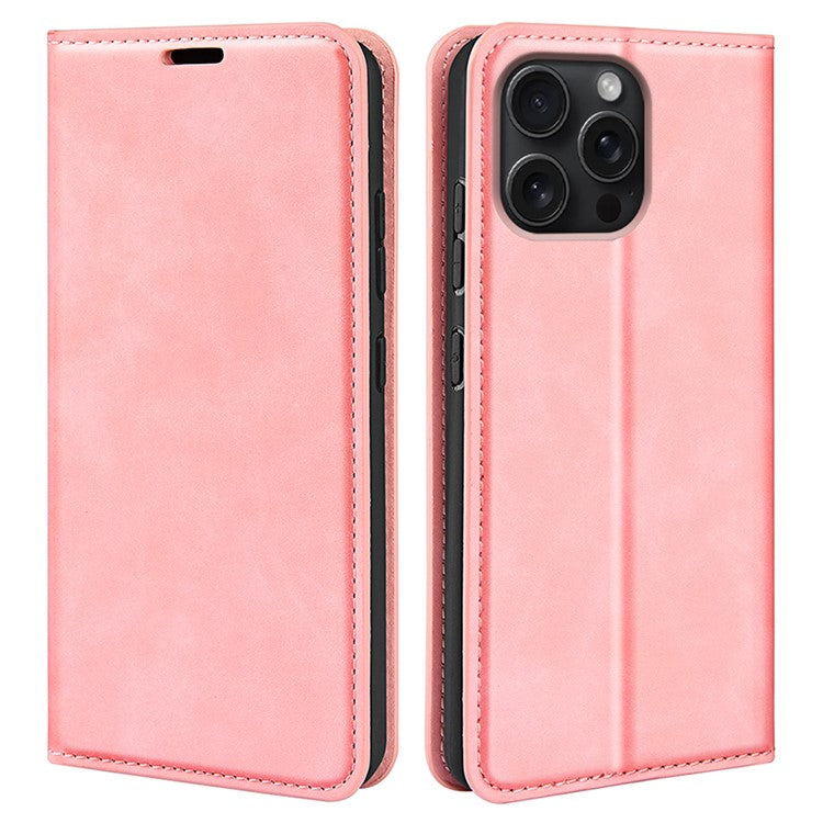 For iPhone 16 Pro Case PU Leather Wallet Folio Flip Phone Cover - Pink