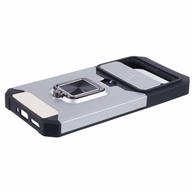 For Google Pixel 9 Pro XL Kickstand Case Slide Lens Lid PC+TPU Phone Cover with Card Holder - Silver