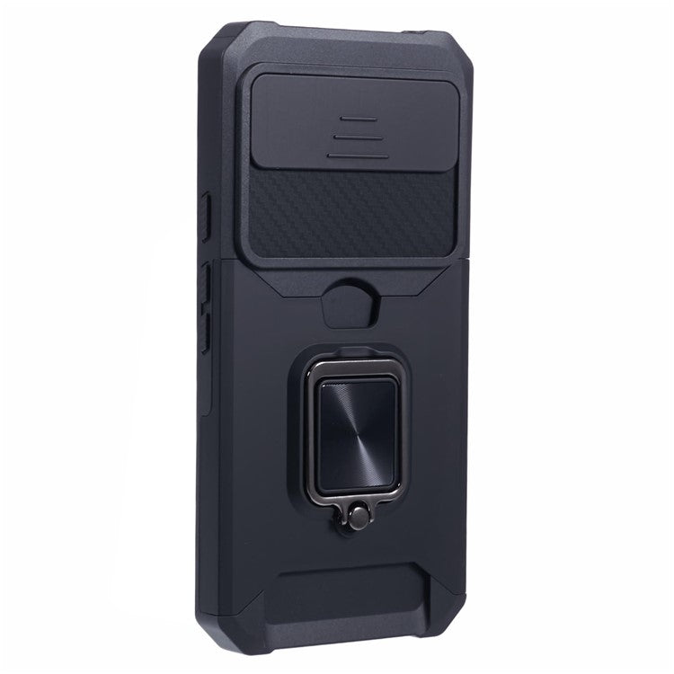 For Google Pixel 9 Pro XL Kickstand Case Slide Lens Lid PC+TPU Phone Cover with Card Holder - Black