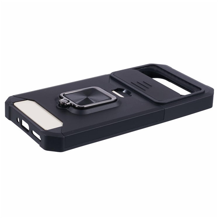 For Google Pixel 9 Pro XL Kickstand Case Slide Lens Lid PC+TPU Phone Cover with Card Holder - Black