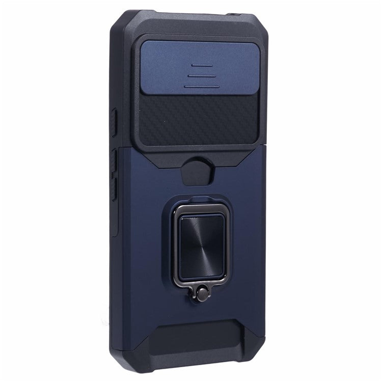 For Google Pixel 9 Pro XL Kickstand Case Slide Lens Lid PC+TPU Phone Cover with Card Holder - Navy Blue