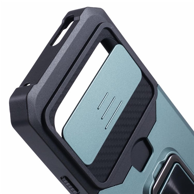 For Google Pixel 9 Pro XL Kickstand Case Slide Lens Lid PC+TPU Phone Cover with Card Holder - Blackish Green