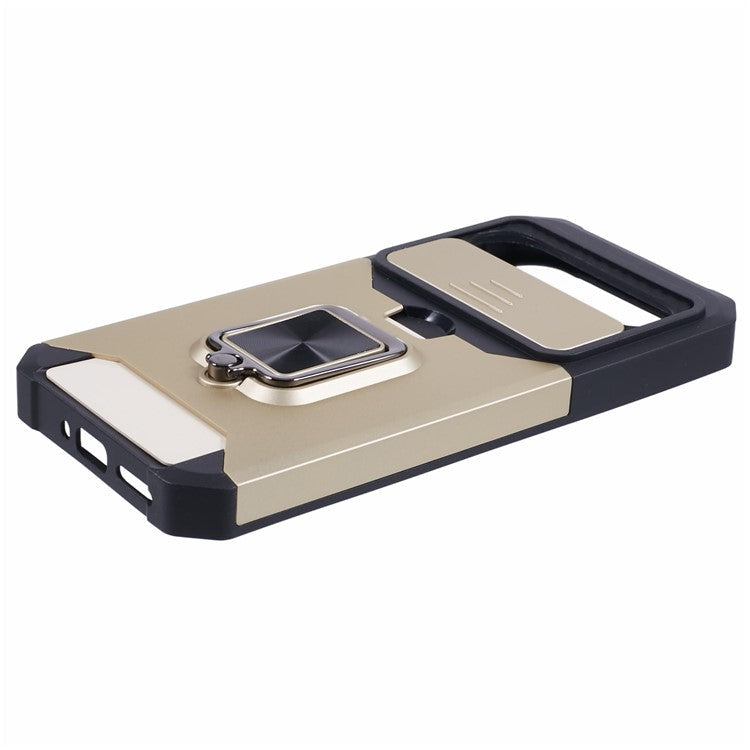 For Google Pixel 9 Pro XL Kickstand Case Slide Lens Lid PC+TPU Phone Cover with Card Holder - Gold