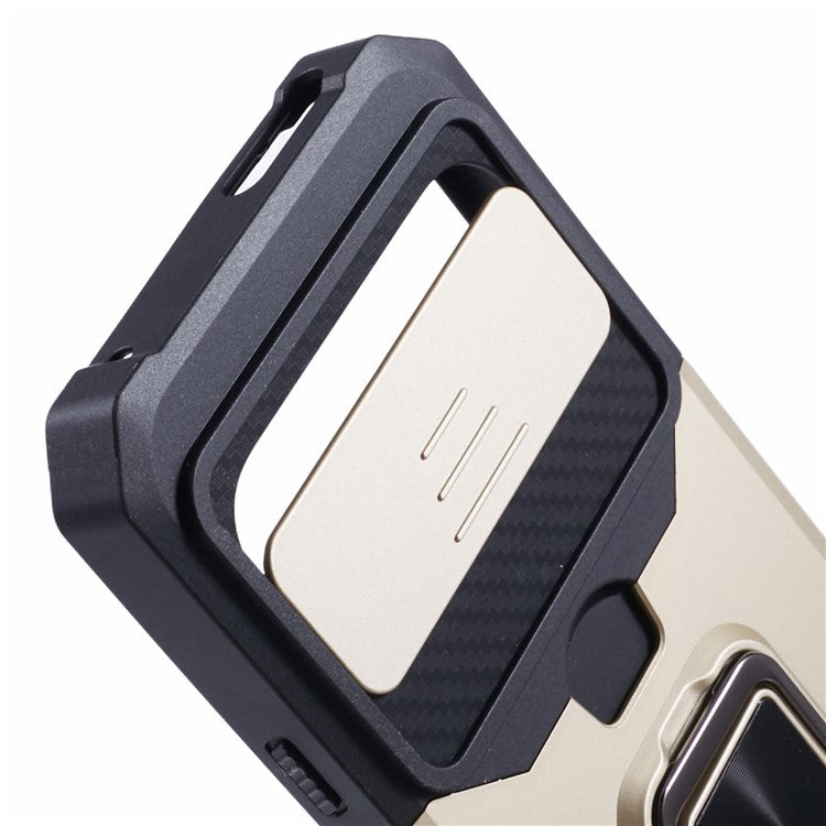 For Google Pixel 9 Pro XL Kickstand Case Slide Lens Lid PC+TPU Phone Cover with Card Holder - Gold