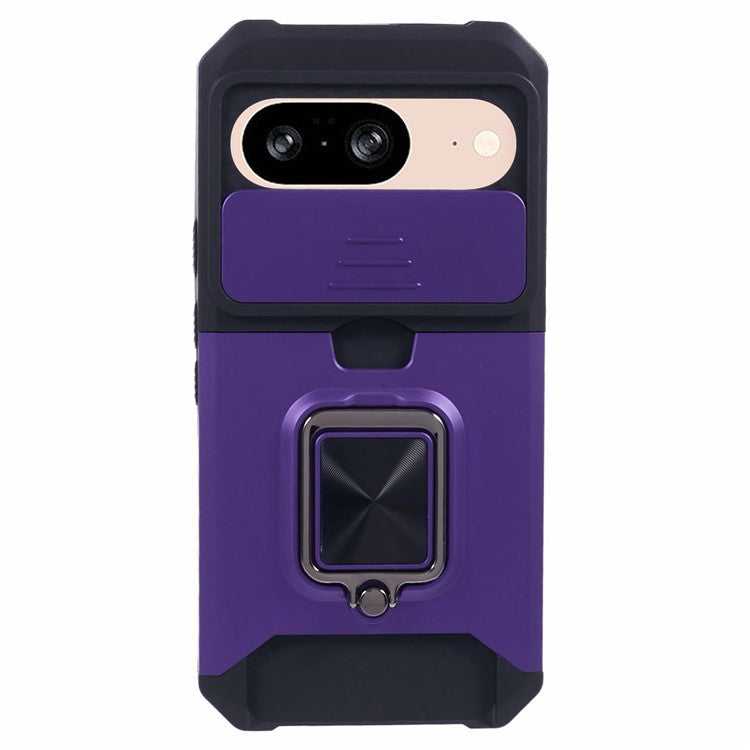 For Google Pixel 9 / Pixel 9 Pro Case Card Holder PC+TPU Kickstand Phone Cover with Lens Protection - Purple