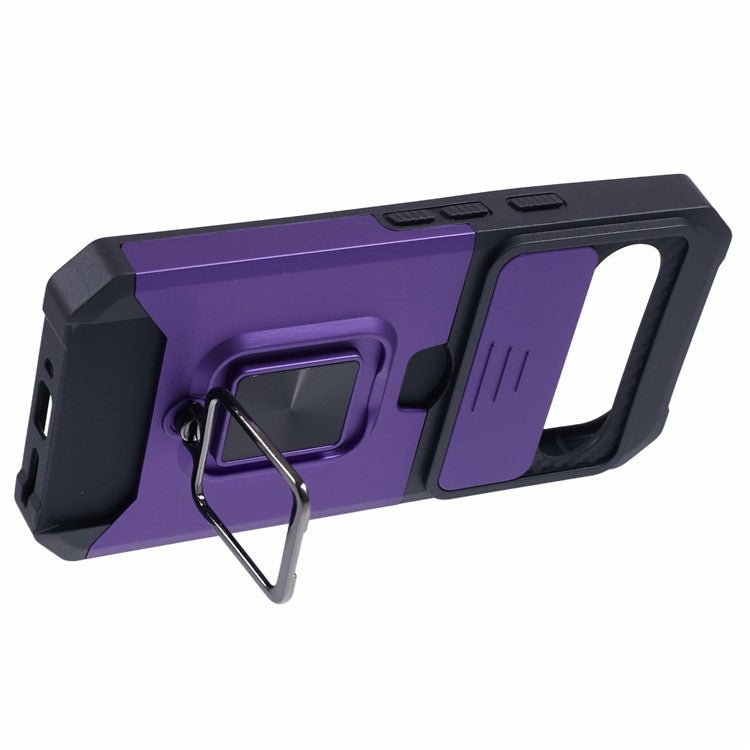 For Google Pixel 9 / Pixel 9 Pro Case Card Holder PC+TPU Kickstand Phone Cover with Lens Protection - Purple