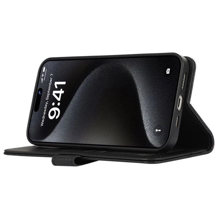 For iPhone 16 Case RFID Blocking Card Slots Leather Stand Phone Cover - Black