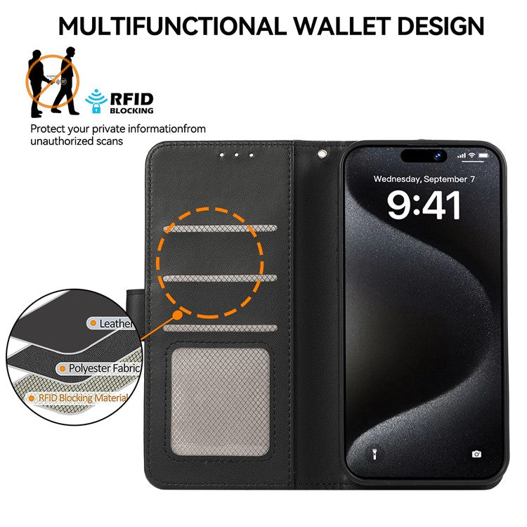 For iPhone 16 Case RFID Blocking Card Slots Leather Stand Phone Cover - Black