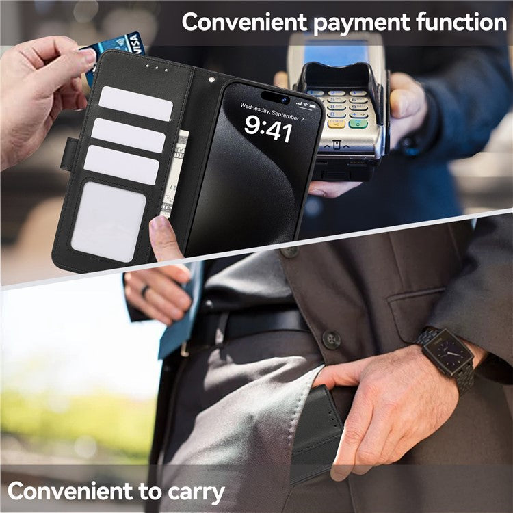 For iPhone 16 Case RFID Blocking Card Slots Leather Stand Phone Cover - Black