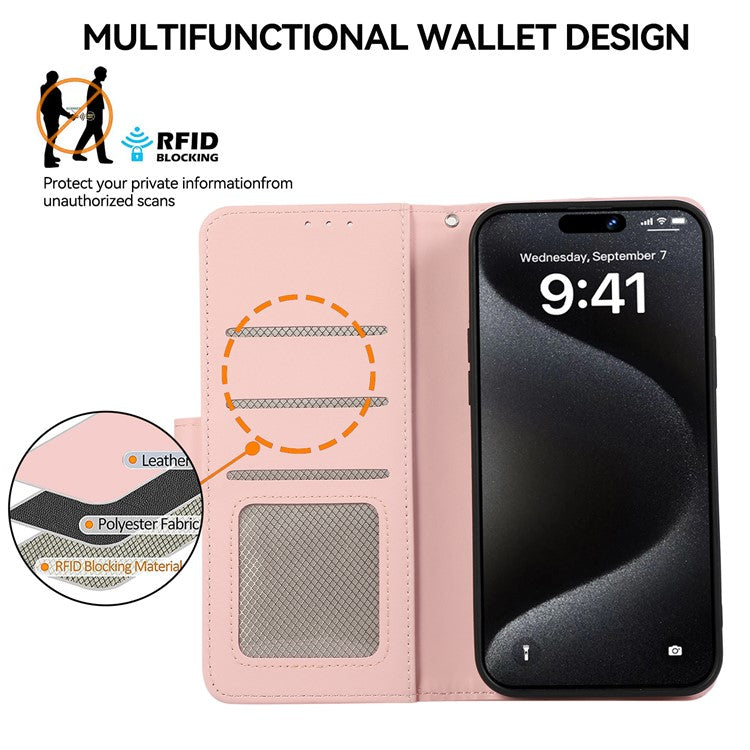 For iPhone 16 Case RFID Blocking Card Slots Leather Stand Phone Cover - Pink
