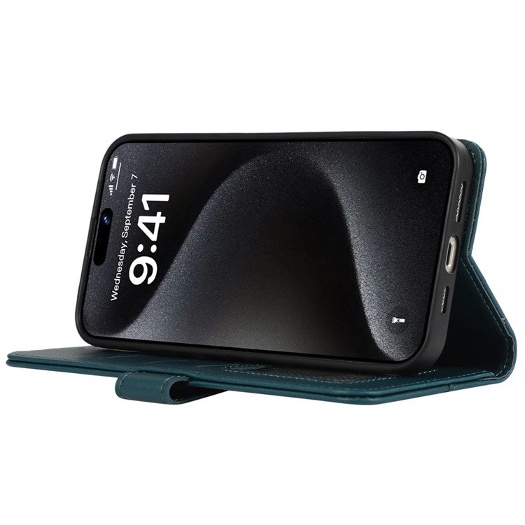 For iPhone 16 Case RFID Blocking Card Slots Leather Stand Phone Cover - Green