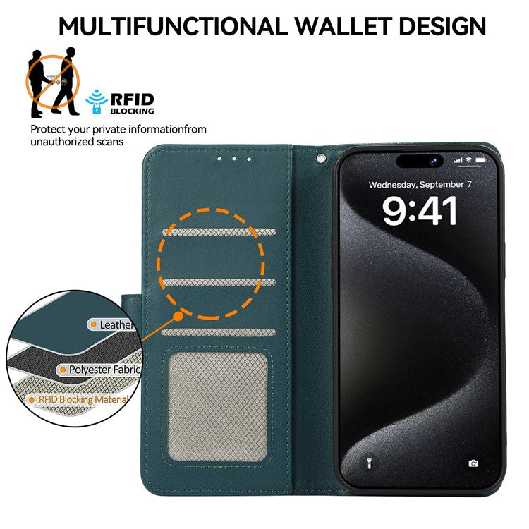 For iPhone 16 Case RFID Blocking Card Slots Leather Stand Phone Cover - Green