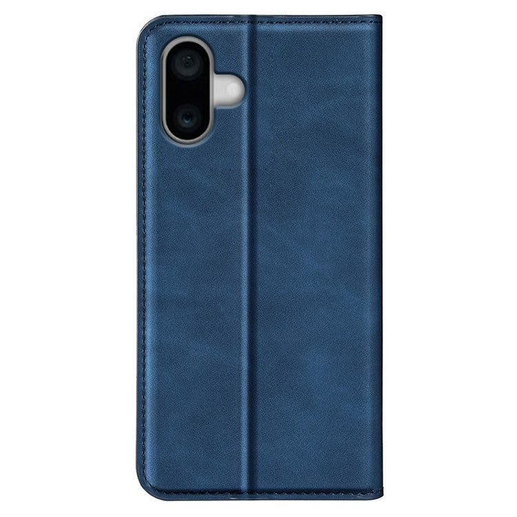 For iPhone 16 Plus Case Skin-Feel PU Leather Phone Cover Folding Stand Magnetic Absorption - Blue