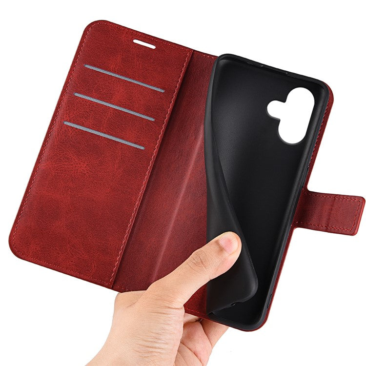 For iPhone 16 Plus Case Calf Texture PU Leather Phone Cover with Card Holder Stand - Red