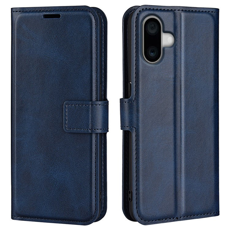 For iPhone 16 Plus Case Calf Texture PU Leather Phone Cover with Card Holder Stand - Blue
