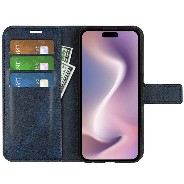 For iPhone 16 Plus Case Calf Texture PU Leather Phone Cover with Card Holder Stand - Blue