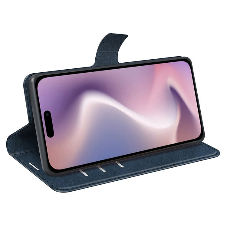 For iPhone 16 Plus Case Calf Texture PU Leather Phone Cover with Card Holder Stand - Blue