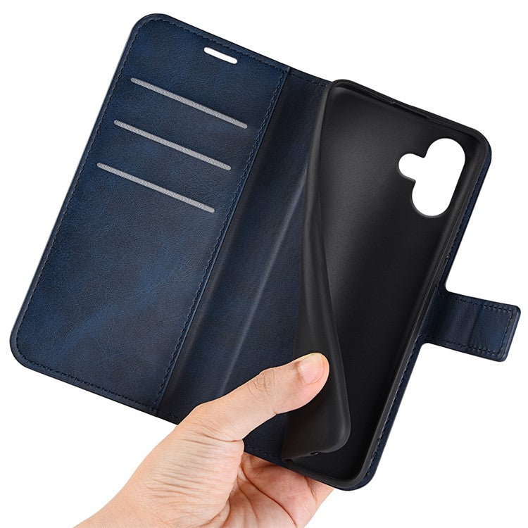 For iPhone 16 Plus Case Calf Texture PU Leather Phone Cover with Card Holder Stand - Blue