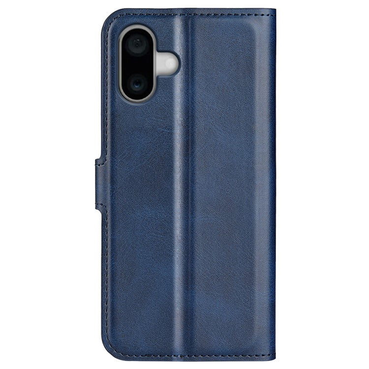 For iPhone 16 Plus Case Calf Texture PU Leather Phone Cover with Card Holder Stand - Blue