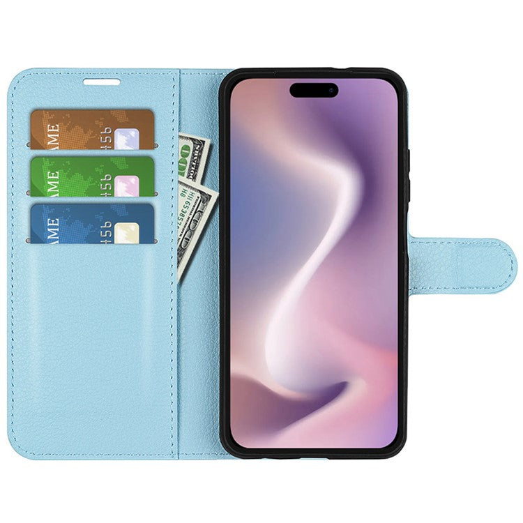 For iPhone 16 Plus Case Litchi Texture Leather Phone Cover Horizontal Viewing Stand - Blue