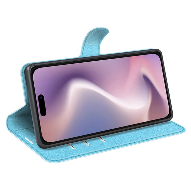 For iPhone 16 Plus Case Litchi Texture Leather Phone Cover Horizontal Viewing Stand - Blue