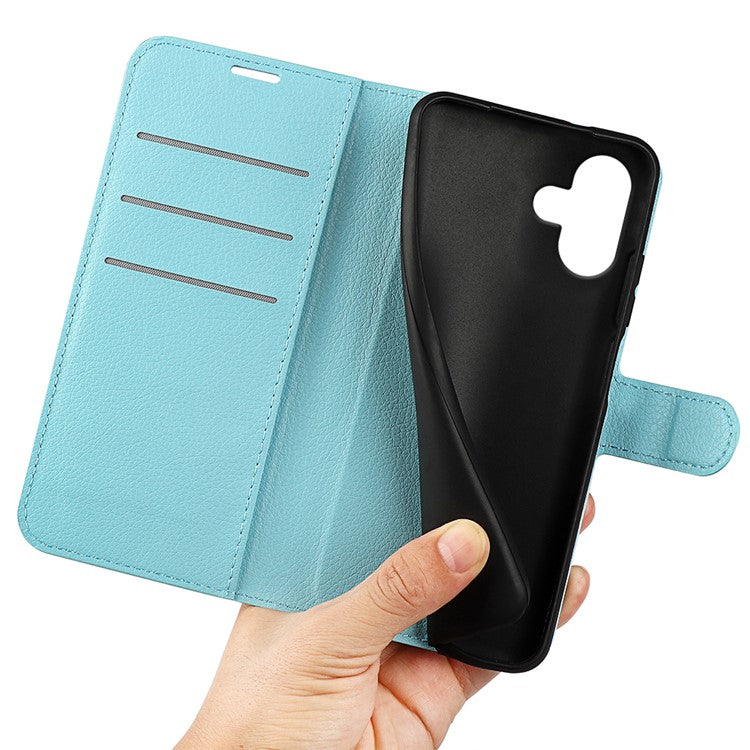 For iPhone 16 Plus Case Litchi Texture Leather Phone Cover Horizontal Viewing Stand - Blue