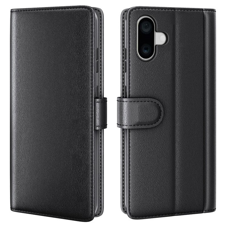 For iPhone 16 Plus Case Wallet Genuine Split Leather Phone Cover Magnetic Clasp - Black