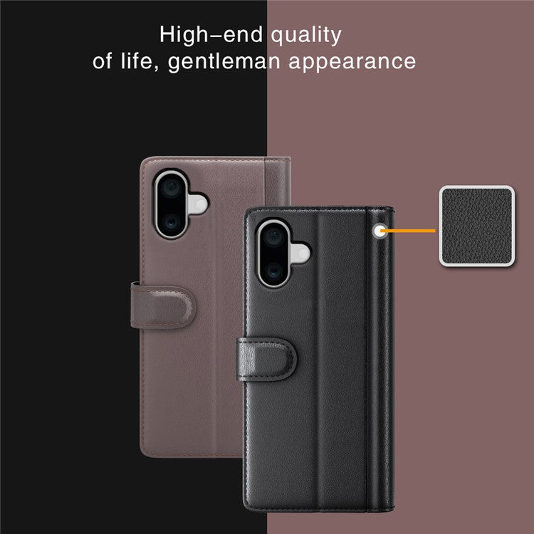 For iPhone 16 Plus Case Wallet Genuine Split Leather Phone Cover Magnetic Clasp - Black