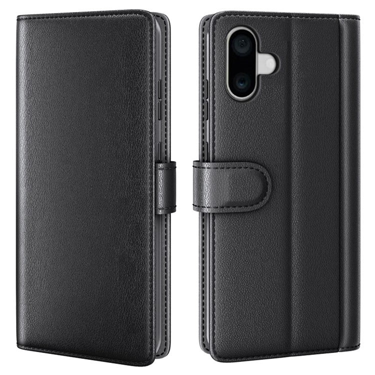 For iPhone 16 Case Genuine Split Leather Phone Cover Wallet Card Slot - Black
