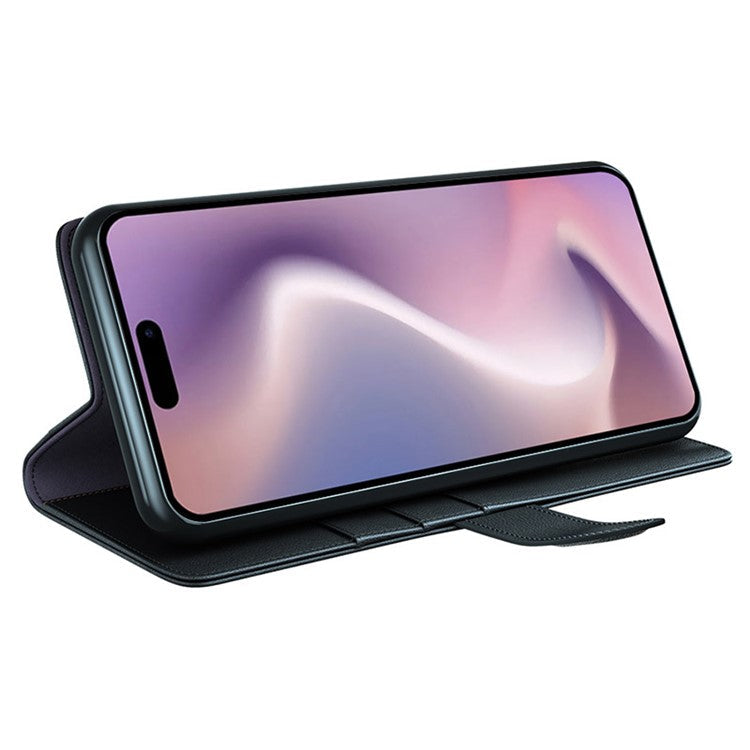 For iPhone 16 Case Genuine Split Leather Phone Cover Wallet Card Slot - Black