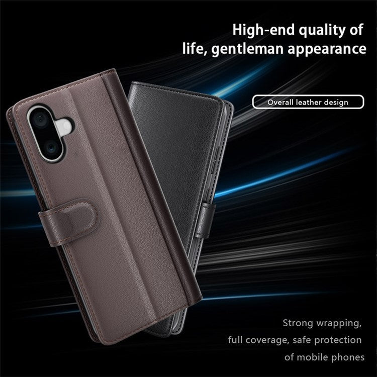 For iPhone 16 Case Genuine Split Leather Phone Cover Wallet Card Slot - Black