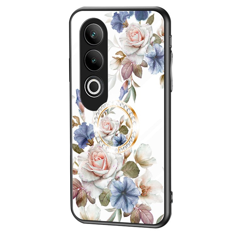 For OnePlus Nord CE4 5G Case Tempered Glass Pattern Printing Phone Cover with Ring Kickstand - White Flower Bush