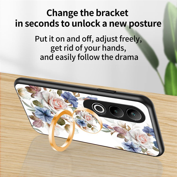 For OnePlus Nord CE4 5G Case Tempered Glass Pattern Printing Phone Cover with Ring Kickstand - White Flower Bush