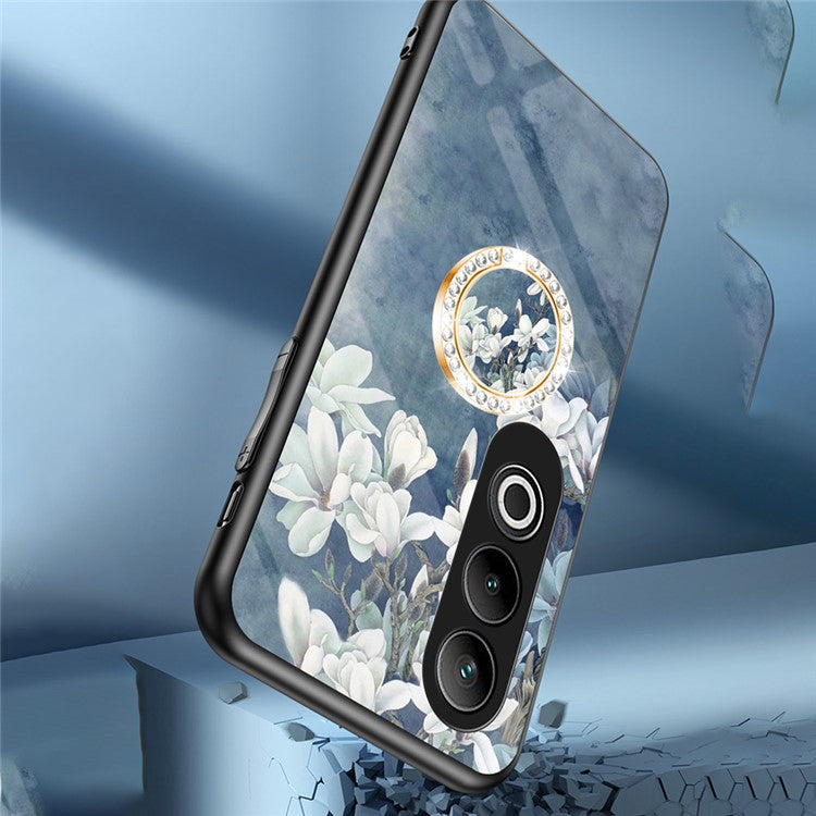 For OnePlus Nord CE4 5G Case Tempered Glass Pattern Printing Phone Cover with Ring Kickstand - Black Flower Bush