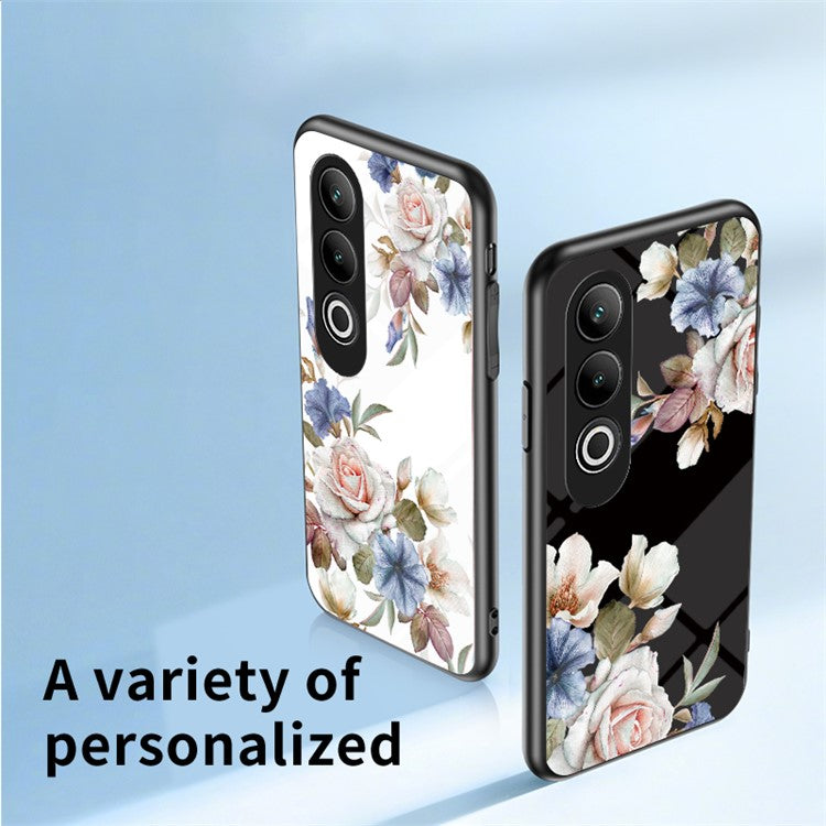 For OnePlus Nord CE4 5G Case Tempered Glass Pattern Printing Phone Cover with Ring Kickstand - Black Flower Bush