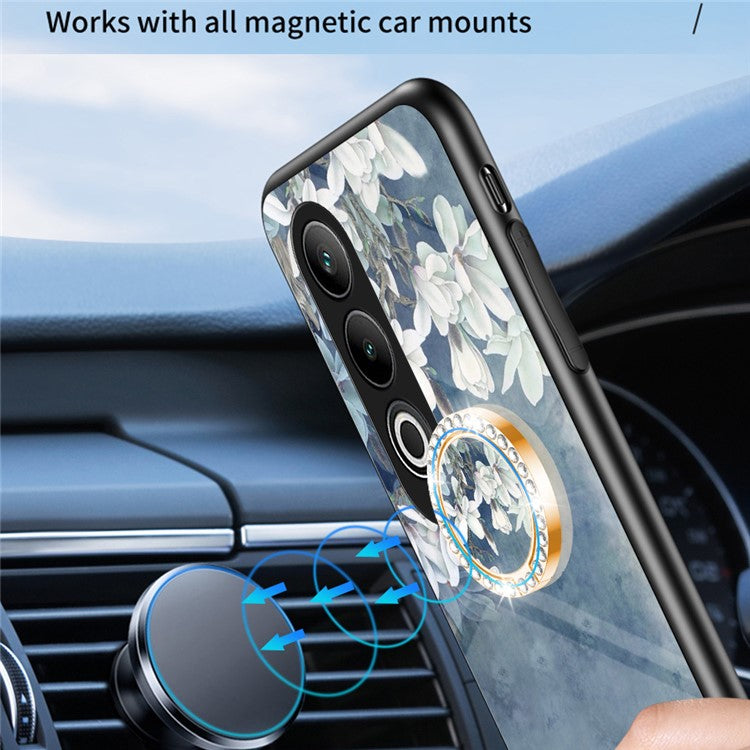 For OnePlus Nord CE4 5G Case Tempered Glass Pattern Printing Phone Cover with Ring Kickstand - Purple Magnolia