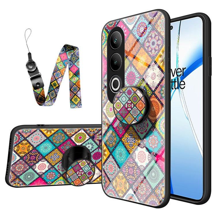 For OnePlus Nord CE4 5G Case Kickstand Ethnic Pattern Tempered Glass+PC+TPU Phone Cover - Checkered Pattern