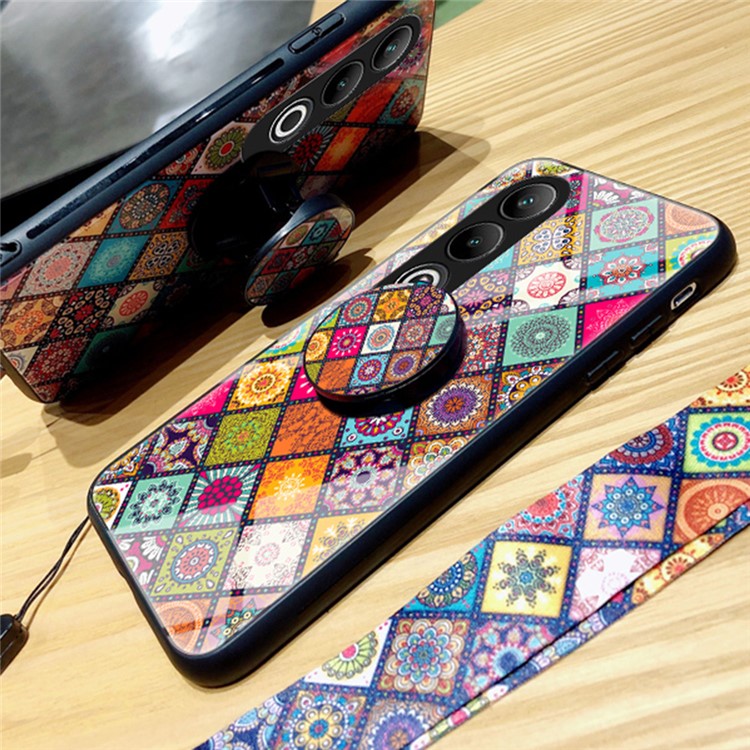 For OnePlus Nord CE4 5G Case Kickstand Ethnic Pattern Tempered Glass+PC+TPU Phone Cover - Checkered Pattern