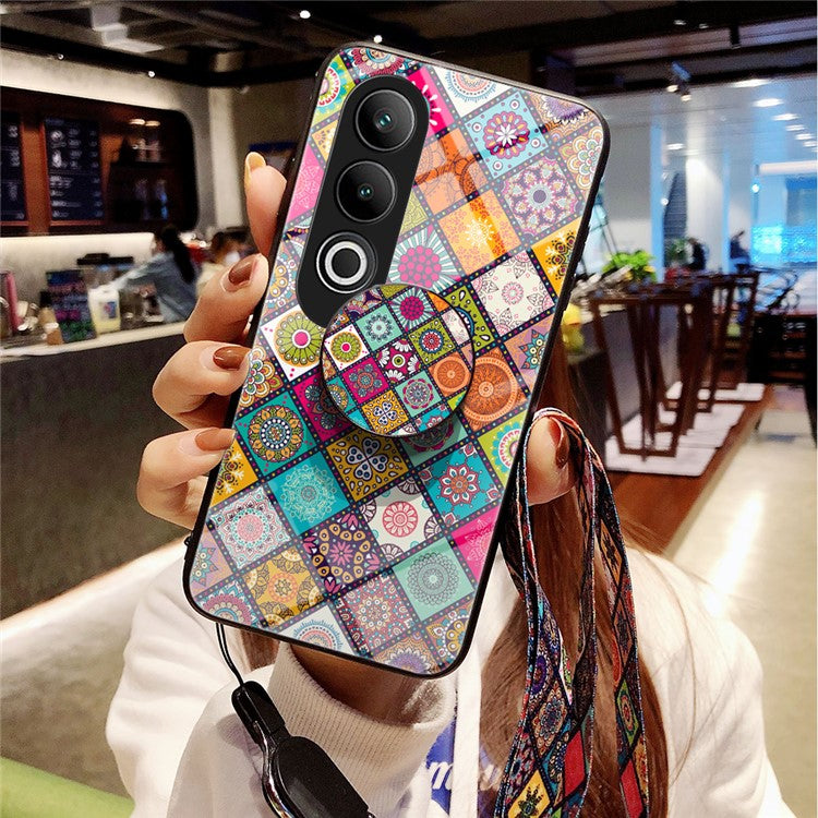 For OnePlus Nord CE4 5G Case Kickstand Ethnic Pattern Tempered Glass+PC+TPU Phone Cover - Checkered Pattern