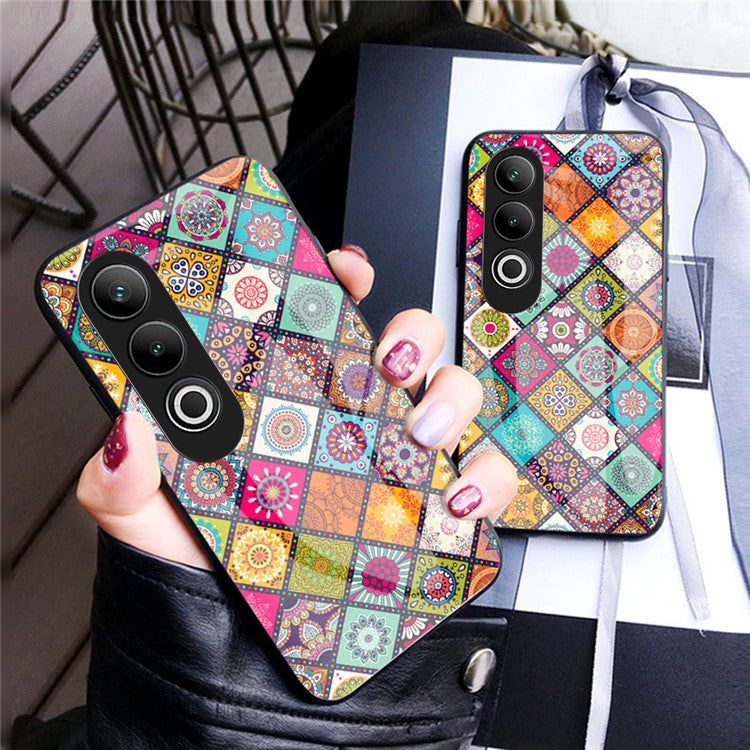 For OnePlus Nord CE4 5G Case Kickstand Ethnic Pattern Tempered Glass+PC+TPU Phone Cover - Checkered Pattern
