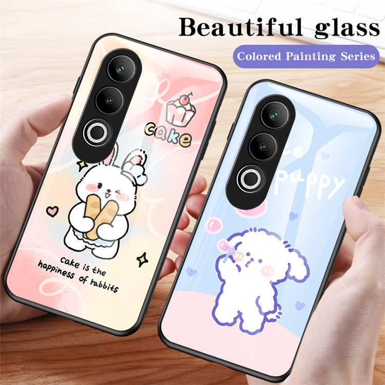 For OnePlus Nord CE4 5G Case Tempered Glass Phone Cover Cute Animal Art Pattern - Milk Tea Rabbit